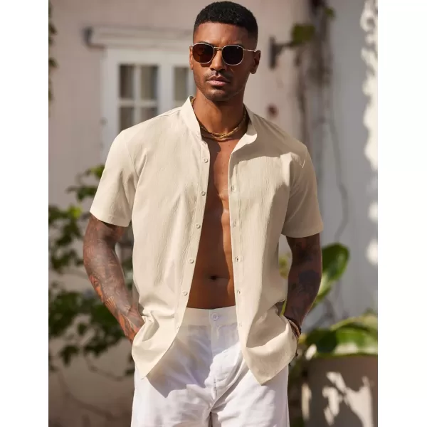 COOFANDY Men's Casual Button Down Short Sleeve Shirt Band Collar Shirts Textured Beach Summer Shirt