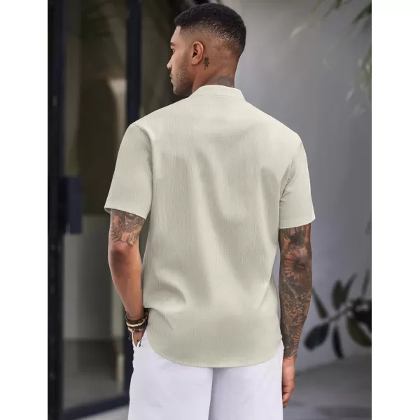 COOFANDY Men's Casual Button Down Short Sleeve Shirt Band Collar Shirts Textured Beach Summer Shirt