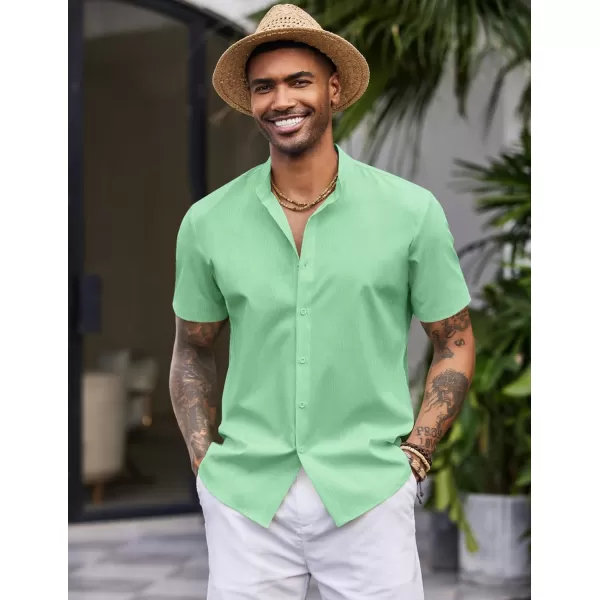 COOFANDY Men's Casual Button Down Short Sleeve Shirt Band Collar Shirts Textured Beach Summer Shirt