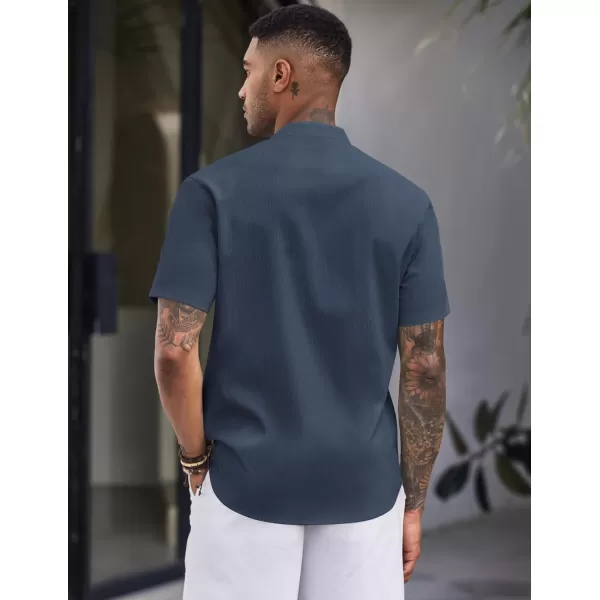 COOFANDY Men's Casual Button Down Short Sleeve Shirt Band Collar Shirts Textured Beach Summer Shirt