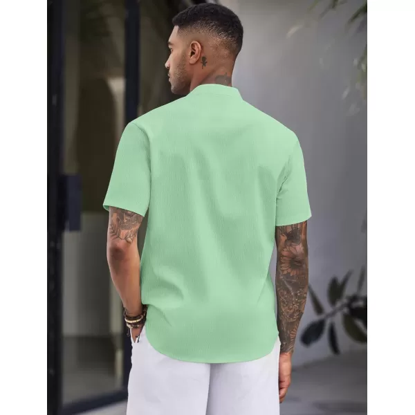 COOFANDY Men's Casual Button Down Short Sleeve Shirt Band Collar Shirts Textured Beach Summer Shirt