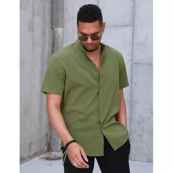 COOFANDY Men's Casual Button Down Short Sleeve Shirt Band Collar Shirts Textured Beach Summer Shirt