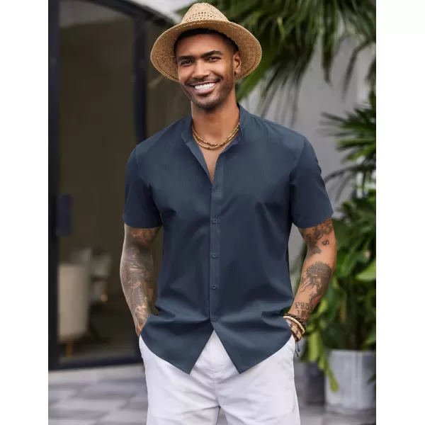 COOFANDY Men's Casual Button Down Short Sleeve Shirt Band Collar Shirts Textured Beach Summer Shirt