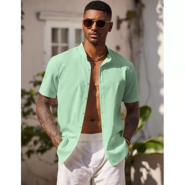 COOFANDY Men's Casual Button Down Short Sleeve Shirt Band Collar Shirts Textured Beach Summer Shirt