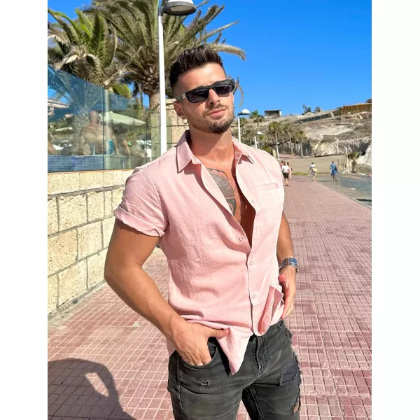 COOFANDY Mens Casual Linen Shirt Short Sleeve Button Down Shirt Summer Beach Hawaiian Shirts