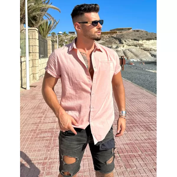 COOFANDY Mens Casual Linen Shirt Short Sleeve Button Down Shirt Summer Beach Hawaiian Shirts