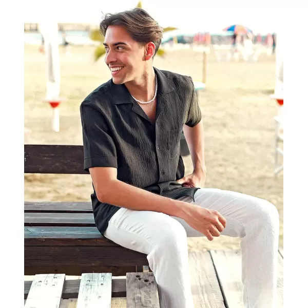 COOFANDY Mens Casual Short Sleeve Button Down Shirts Cuban Linen Textured Shirt Summer Beach Wear