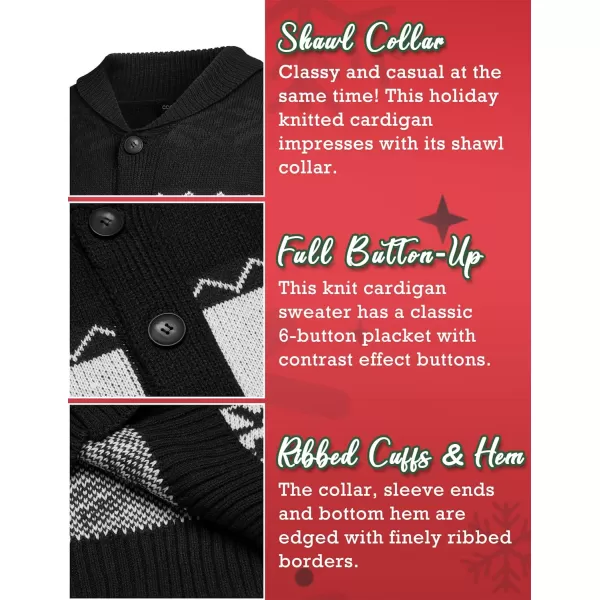 COOFANDY Men's Christmas Cardigans Ugly Xmas Sweaters Reindeer Snowflake Shawl Collar Knitted Cardigan Sweater