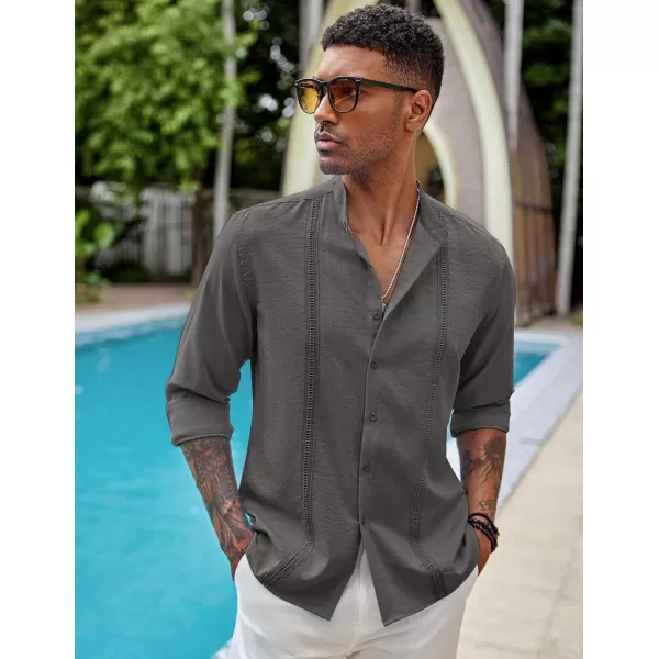 COOFANDY Men's Cuban Guayabera Shirts Casual Long Sleeve Button Down Shirts Band Collar Linen Summer Beach Shirts