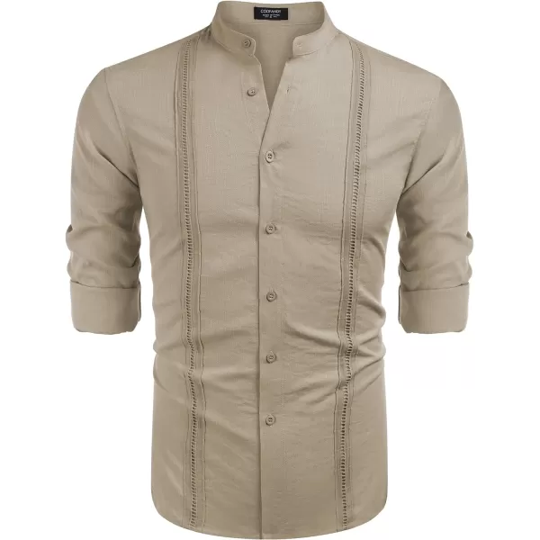 COOFANDY Men's Cuban Guayabera Shirts Casual Long Sleeve Button Down Shirts Band Collar Linen Summer Beach Shirts