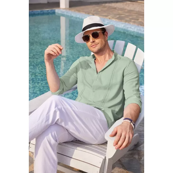 COOFANDY Men's Cuban Guayabera Shirts Casual Long Sleeve Button Down Shirts Band Collar Linen Summer Beach Shirts
