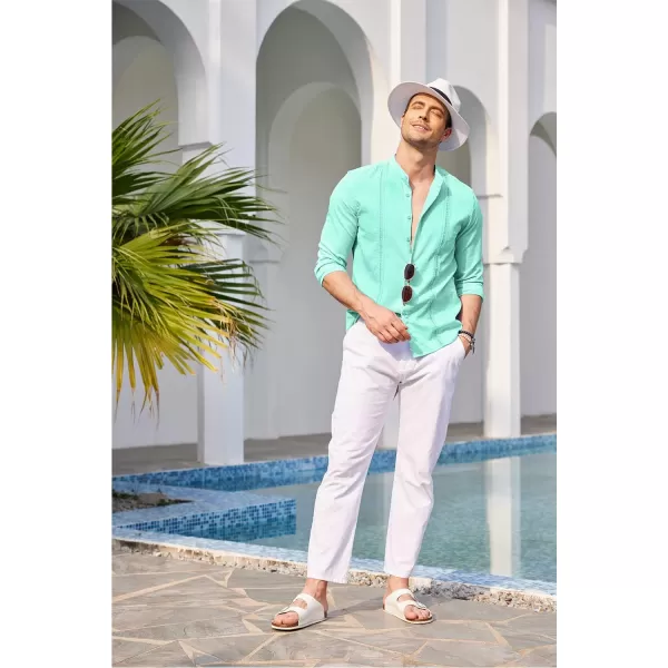 COOFANDY Men's Cuban Guayabera Shirts Casual Long Sleeve Button Down Shirts Band Collar Linen Summer Beach Shirts