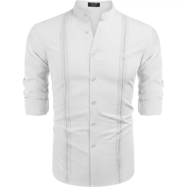 COOFANDY Men's Cuban Guayabera Shirts Casual Long Sleeve Button Down Shirts Band Collar Linen Summer Beach Shirts