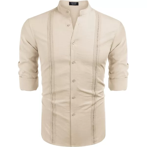 COOFANDY Men's Cuban Guayabera Shirts Casual Long Sleeve Button Down Shirts Band Collar Linen Summer Beach Shirts