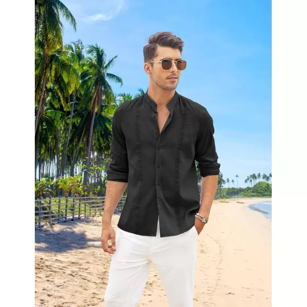 COOFANDY Men's Cuban Guayabera Shirts Casual Long Sleeve Button Down Shirts Band Collar Linen Summer Beach Shirts