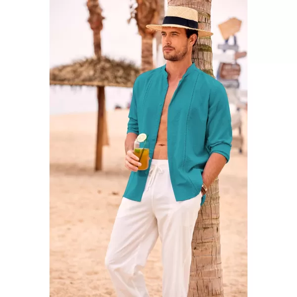 COOFANDY Men's Cuban Guayabera Shirts Casual Long Sleeve Button Down Shirts Band Collar Linen Summer Beach Shirts