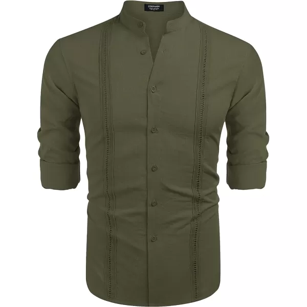 COOFANDY Men's Cuban Guayabera Shirts Casual Long Sleeve Button Down Shirts Band Collar Linen Summer Beach Shirts