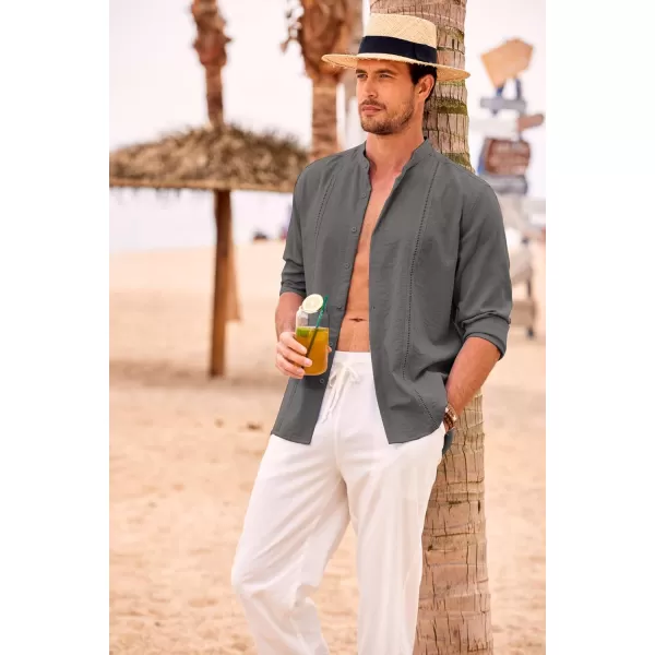 COOFANDY Men's Cuban Guayabera Shirts Casual Long Sleeve Button Down Shirts Band Collar Linen Summer Beach Shirts