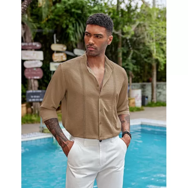 COOFANDY Men's Cuban Guayabera Shirts Casual Long Sleeve Button Down Shirts Band Collar Linen Summer Beach Shirts