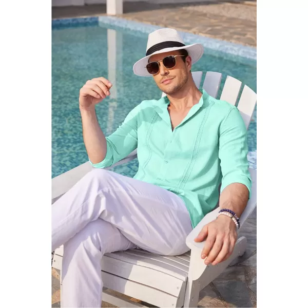 COOFANDY Men's Cuban Guayabera Shirts Casual Long Sleeve Button Down Shirts Band Collar Linen Summer Beach Shirts