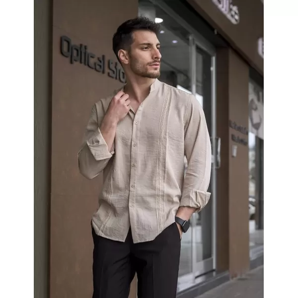COOFANDY Men's Cuban Guayabera Shirts Casual Long Sleeve Button Down Shirts Band Collar Linen Summer Beach Shirts