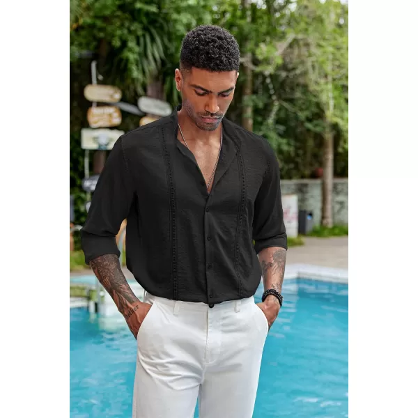 COOFANDY Men's Cuban Guayabera Shirts Casual Long Sleeve Button Down Shirts Band Collar Linen Summer Beach Shirts