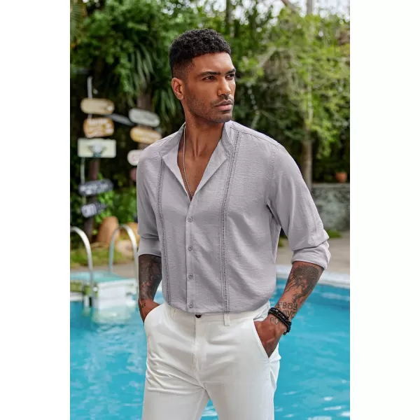 COOFANDY Men's Cuban Guayabera Shirts Casual Long Sleeve Button Down Shirts Band Collar Linen Summer Beach Shirts