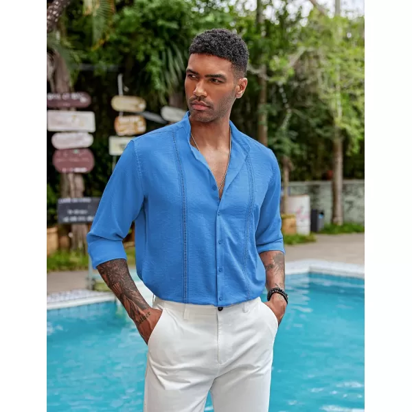 COOFANDY Men's Cuban Guayabera Shirts Casual Long Sleeve Button Down Shirts Band Collar Linen Summer Beach Shirts