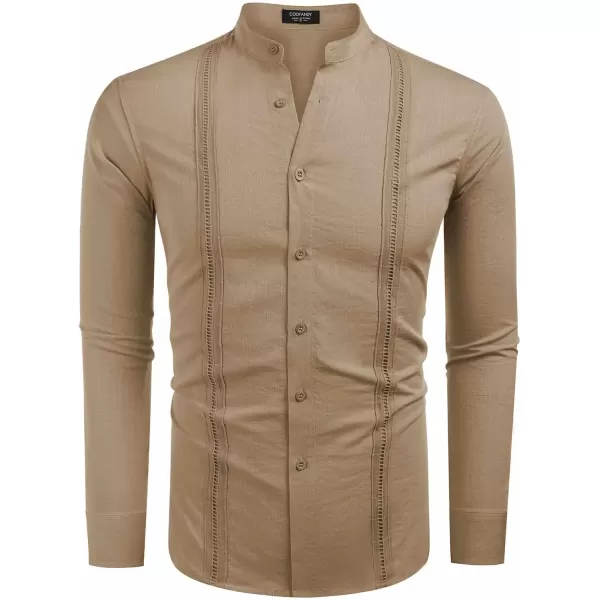 COOFANDY Men's Cuban Guayabera Shirts Casual Long Sleeve Button Down Shirts Band Collar Linen Summer Beach Shirts