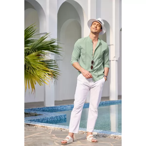 COOFANDY Men's Cuban Guayabera Shirts Casual Long Sleeve Button Down Shirts Band Collar Linen Summer Beach Shirts