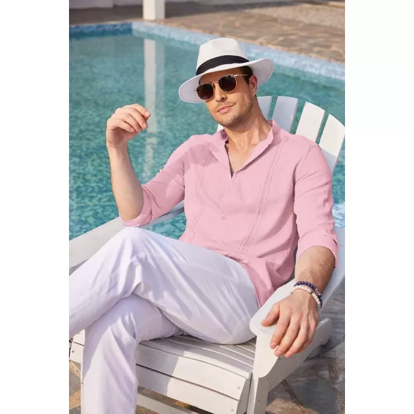 COOFANDY Men's Cuban Guayabera Shirts Casual Long Sleeve Button Down Shirts Band Collar Linen Summer Beach Shirts
