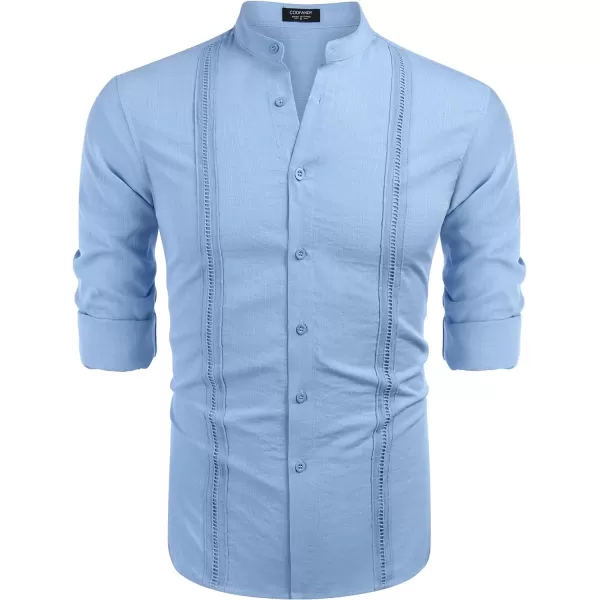 COOFANDY Men's Cuban Guayabera Shirts Casual Long Sleeve Button Down Shirts Band Collar Linen Summer Beach Shirts