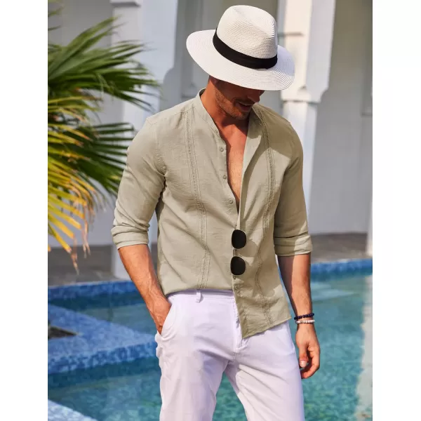 COOFANDY Men's Cuban Guayabera Shirts Casual Long Sleeve Button Down Shirts Band Collar Linen Summer Beach Shirts