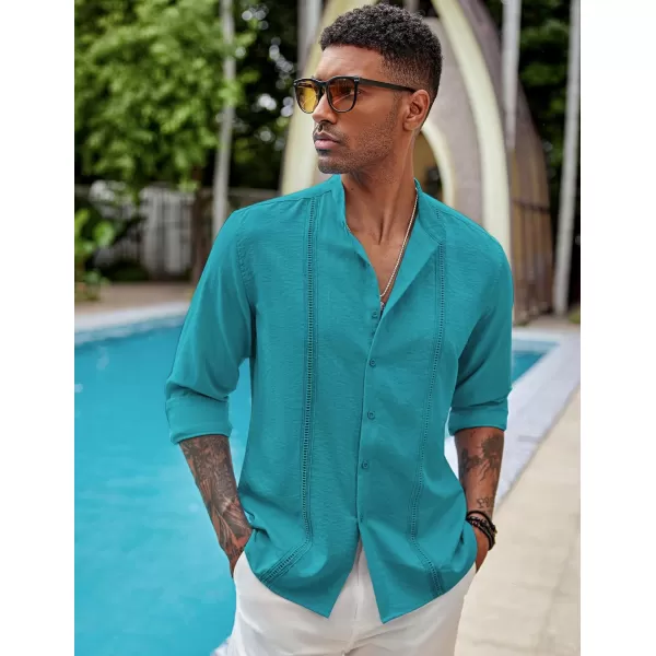 COOFANDY Men's Cuban Guayabera Shirts Casual Long Sleeve Button Down Shirts Band Collar Linen Summer Beach Shirts
