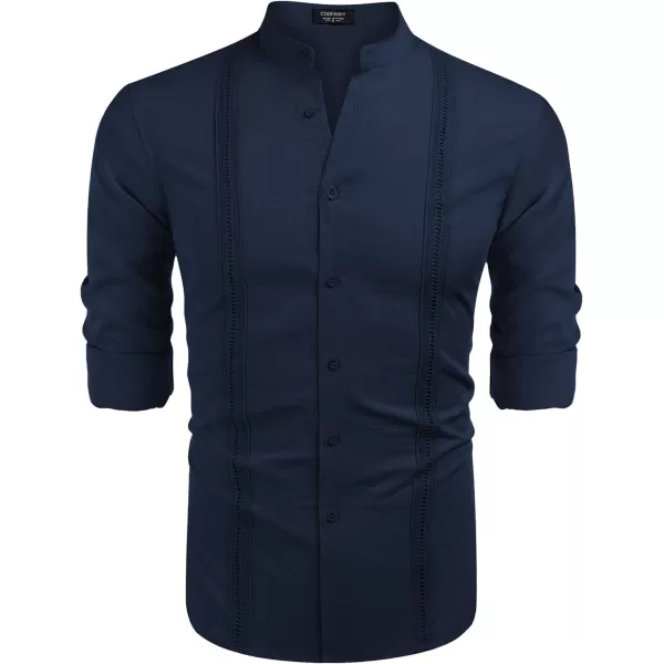 COOFANDY Men's Cuban Guayabera Shirts Casual Long Sleeve Button Down Shirts Band Collar Linen Summer Beach Shirts