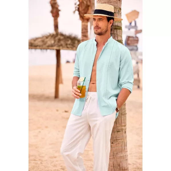 COOFANDY Men's Cuban Guayabera Shirts Casual Long Sleeve Button Down Shirts Band Collar Linen Summer Beach Shirts