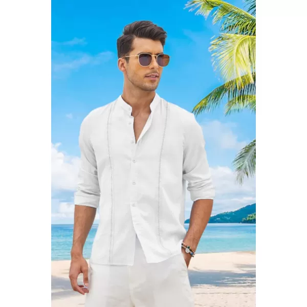 COOFANDY Men's Cuban Guayabera Shirts Casual Long Sleeve Button Down Shirts Band Collar Linen Summer Beach Shirts
