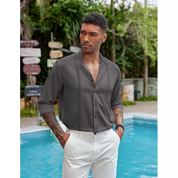 COOFANDY Men's Cuban Guayabera Shirts Casual Long Sleeve Button Down Shirts Band Collar Linen Summer Beach Shirts