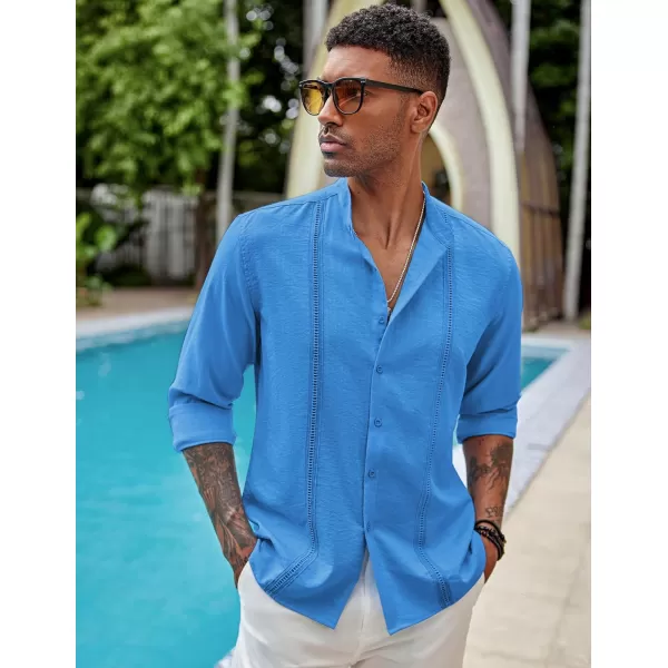 COOFANDY Men's Cuban Guayabera Shirts Casual Long Sleeve Button Down Shirts Band Collar Linen Summer Beach Shirts