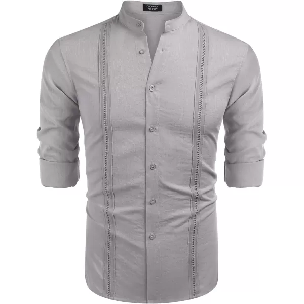 COOFANDY Men's Cuban Guayabera Shirts Casual Long Sleeve Button Down Shirts Band Collar Linen Summer Beach Shirts