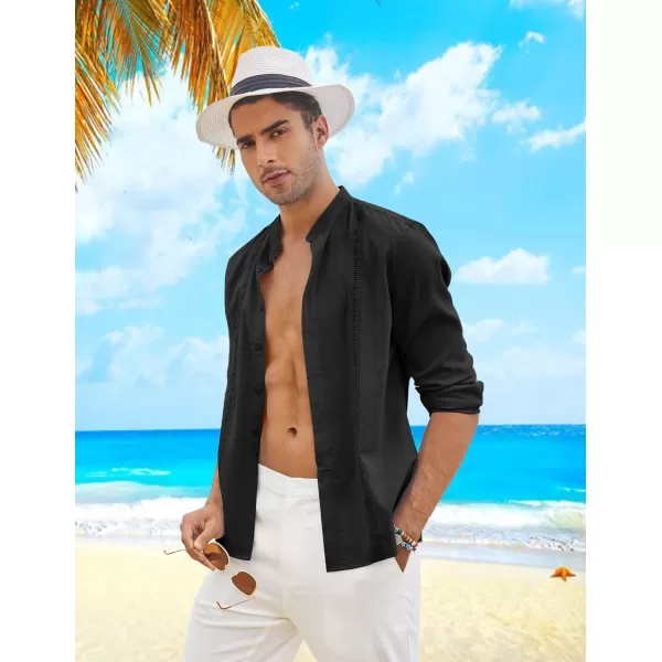 COOFANDY Men's Cuban Guayabera Shirts Casual Long Sleeve Button Down Shirts Band Collar Linen Summer Beach Shirts