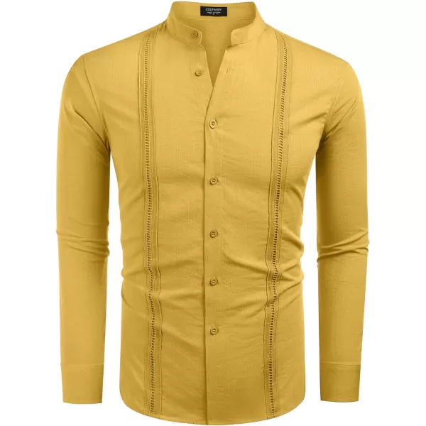 COOFANDY Men's Cuban Guayabera Shirts Casual Long Sleeve Button Down Shirts Band Collar Linen Summer Beach Shirts