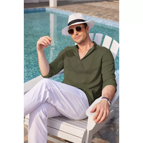 COOFANDY Men's Cuban Guayabera Shirts Casual Long Sleeve Button Down Shirts Band Collar Linen Summer Beach Shirts