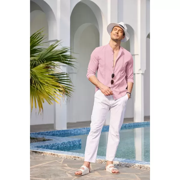 COOFANDY Men's Cuban Guayabera Shirts Casual Long Sleeve Button Down Shirts Band Collar Linen Summer Beach Shirts