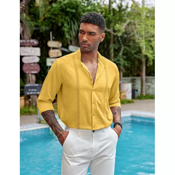 COOFANDY Men's Cuban Guayabera Shirts Casual Long Sleeve Button Down Shirts Band Collar Linen Summer Beach Shirts
