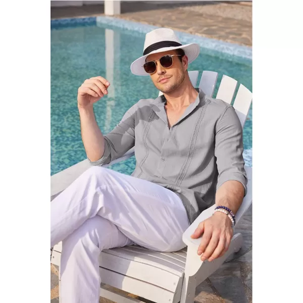 COOFANDY Men's Cuban Guayabera Shirts Casual Long Sleeve Button Down Shirts Band Collar Linen Summer Beach Shirts