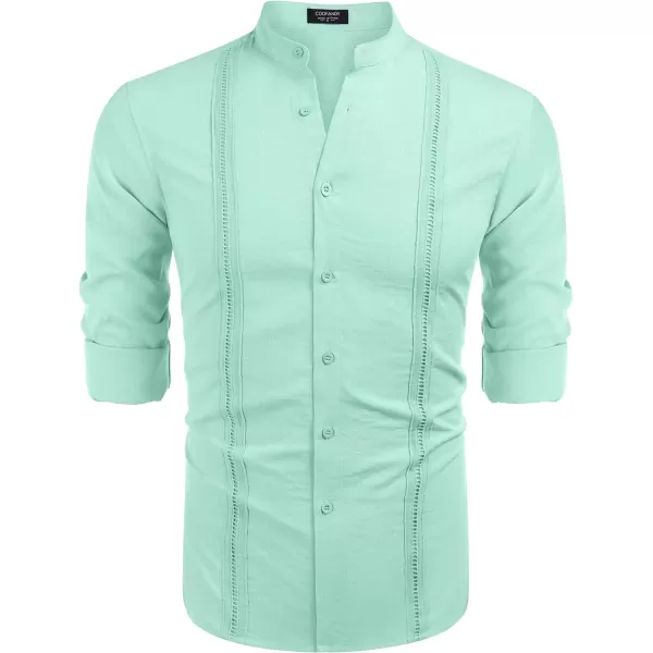 COOFANDY Men's Cuban Guayabera Shirts Casual Long Sleeve Button Down Shirts Band Collar Linen Summer Beach Shirts