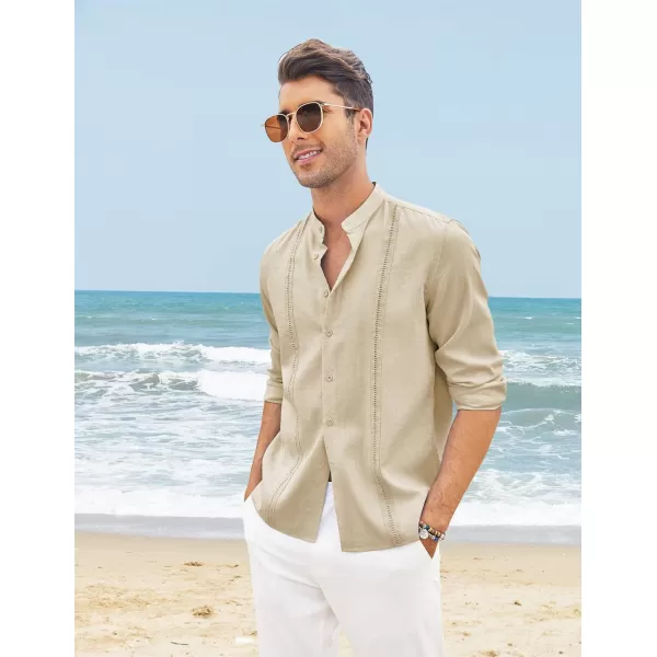 COOFANDY Men's Cuban Guayabera Shirts Casual Long Sleeve Button Down Shirts Band Collar Linen Summer Beach Shirts