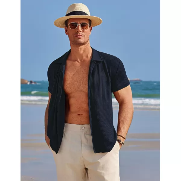 COOFANDY Mens Knit Button Down Shirt Short Sleeve Button Up Shirt Summer Casual Beach Tops