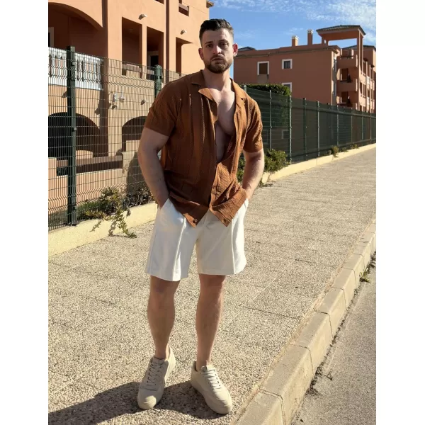 COOFANDY Men's Knit Shirts Vintage Short Sleeve Button Down Shirt Casual Summer Beach Shirt